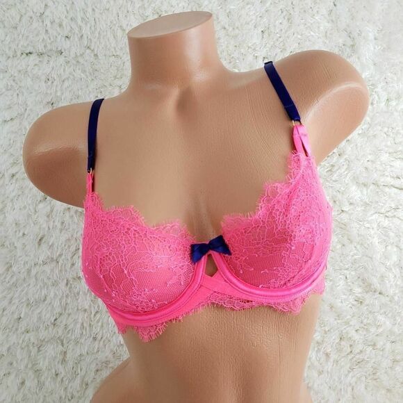 VS 32C Pink Eyelash Lace Bow Unlined Demi Very Sexy Bra - Picture 1 of 4